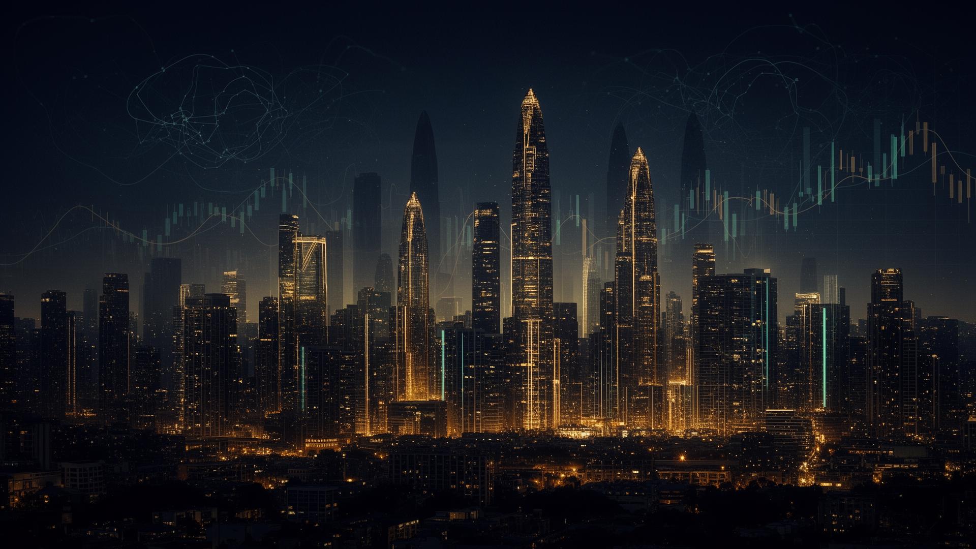 Futuristic city skyline at dusk with glowing financial charts